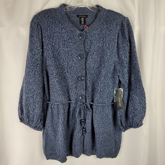 I Heart Ronson Blue Cotton Knit Blue Balloon Sleeve Cardigan Sweater Size Large - Picture 1 of 12